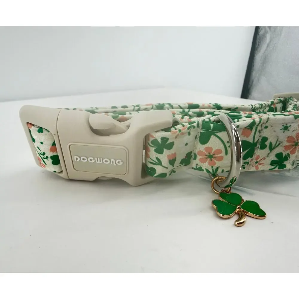 Floral Shamrock Dog Collar Cottagecore Lucky Clover Charm Dogwong 16 Inch